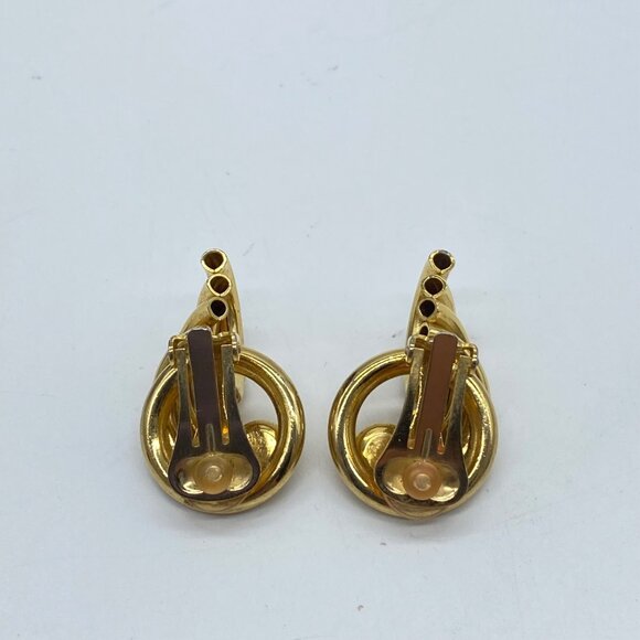 Vintage Rhinestone Tube Knot Gold Tone Swirl Clip on Earrings - Picture 7 of 9